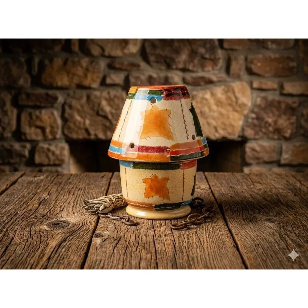 Vintage 2-Piece Ceramic Christmas Patchwork Quilt Snowman & Holly Jar Candle Lam